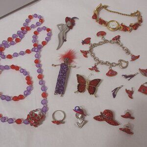 Bundle Lot of Ladies Red Hat Society Jewelry Pins Bracelets Rings Earrings